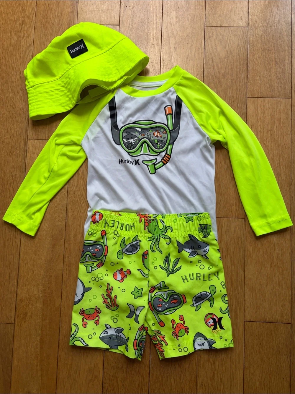 🦈Hurley Neon Yellow/White Kids Swim Rashguard Set with Bucket Hat